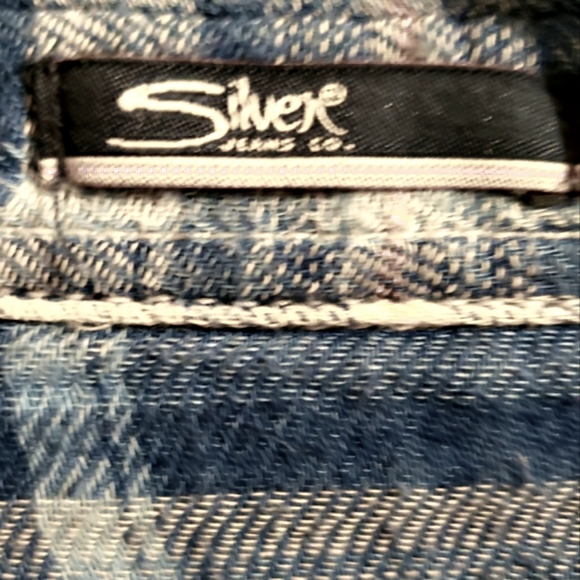 Silver Blue Plaid Soft Light  Flannel Stone Buttons Boho Western Women's Large - Picture 4 of 15